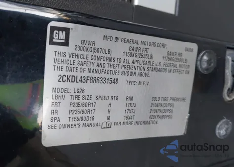 2008 Pontiac Torrent из США, поврежденный, VIN 2CKDL43F886331548